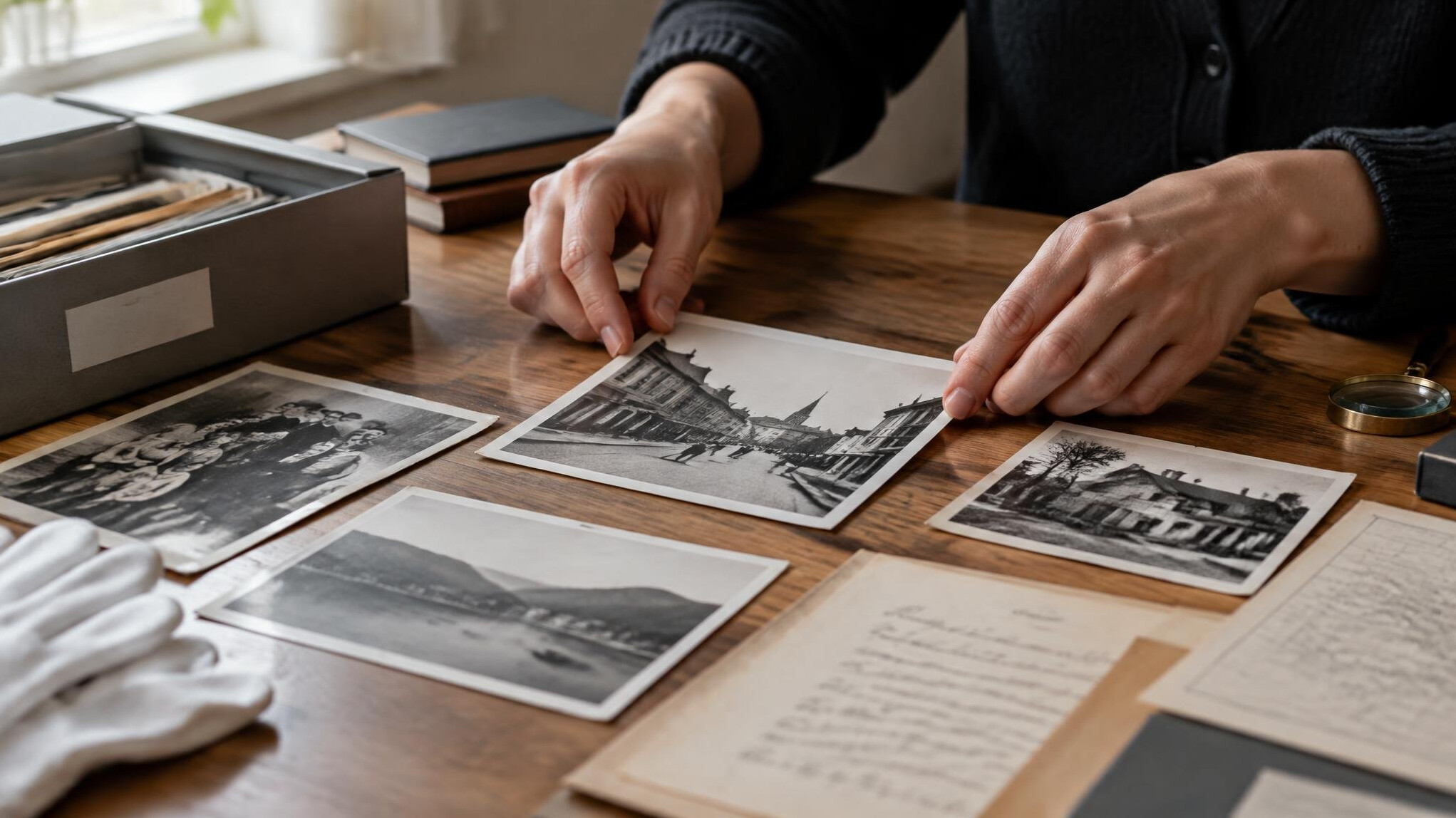 Hands arranging archival photographs on a table