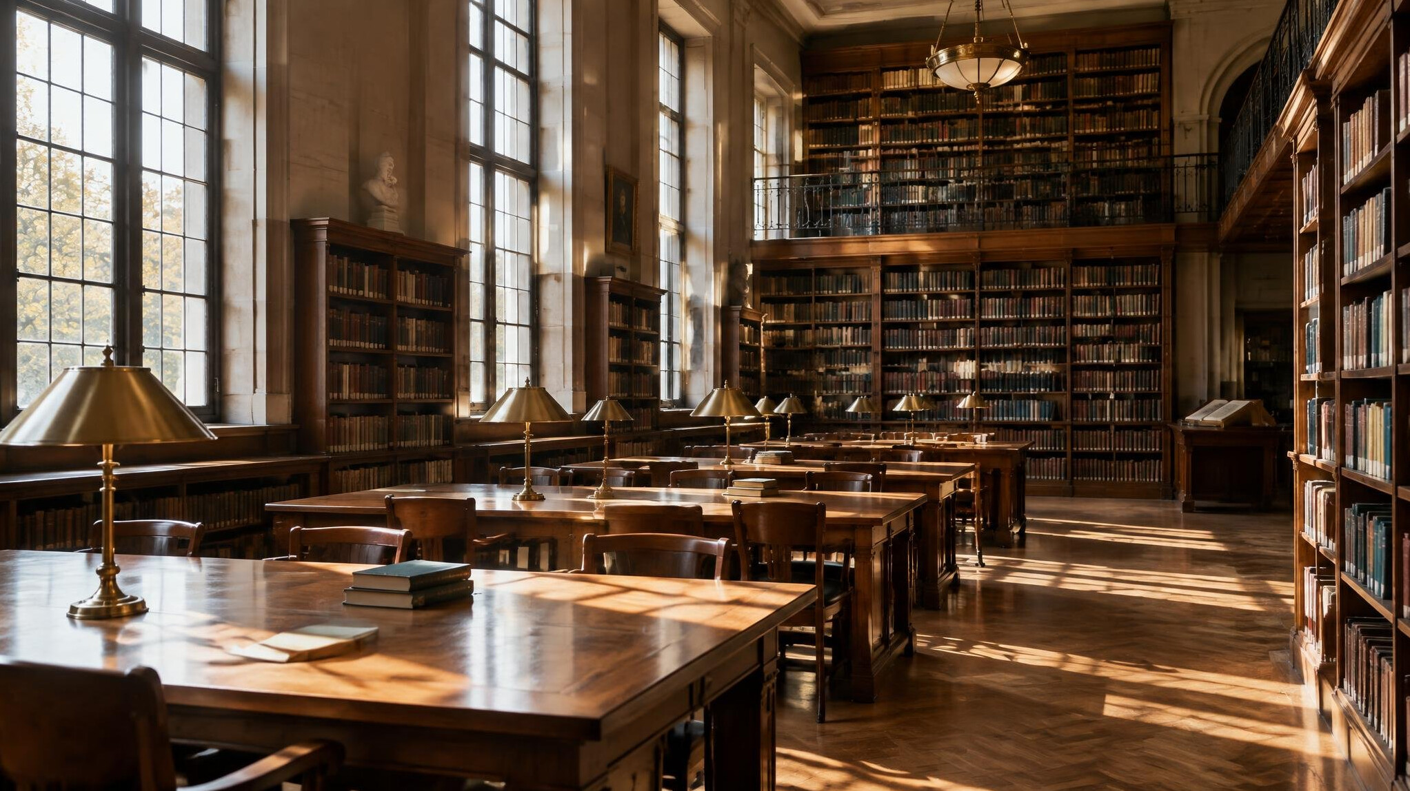 Empty library reading room with warm light